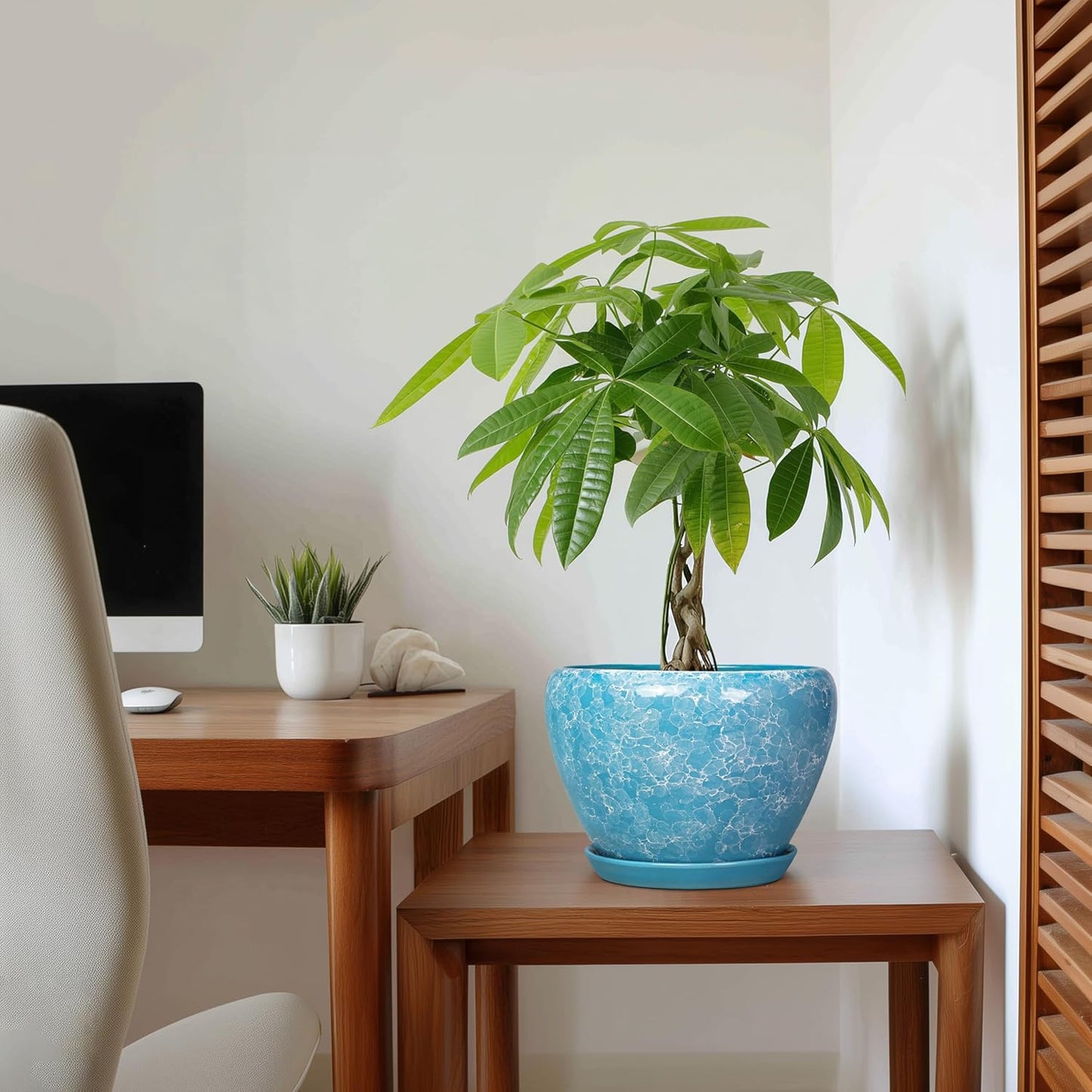 6 Inch Plant Pot - Ceramic Pots for Plants with Drainage Hole and Saucer, Round Succulent Planter Indoor Outdoor, Modern Flower Pot for Snake Plants, Home Decor, Gifts for Plant Lover, Blue