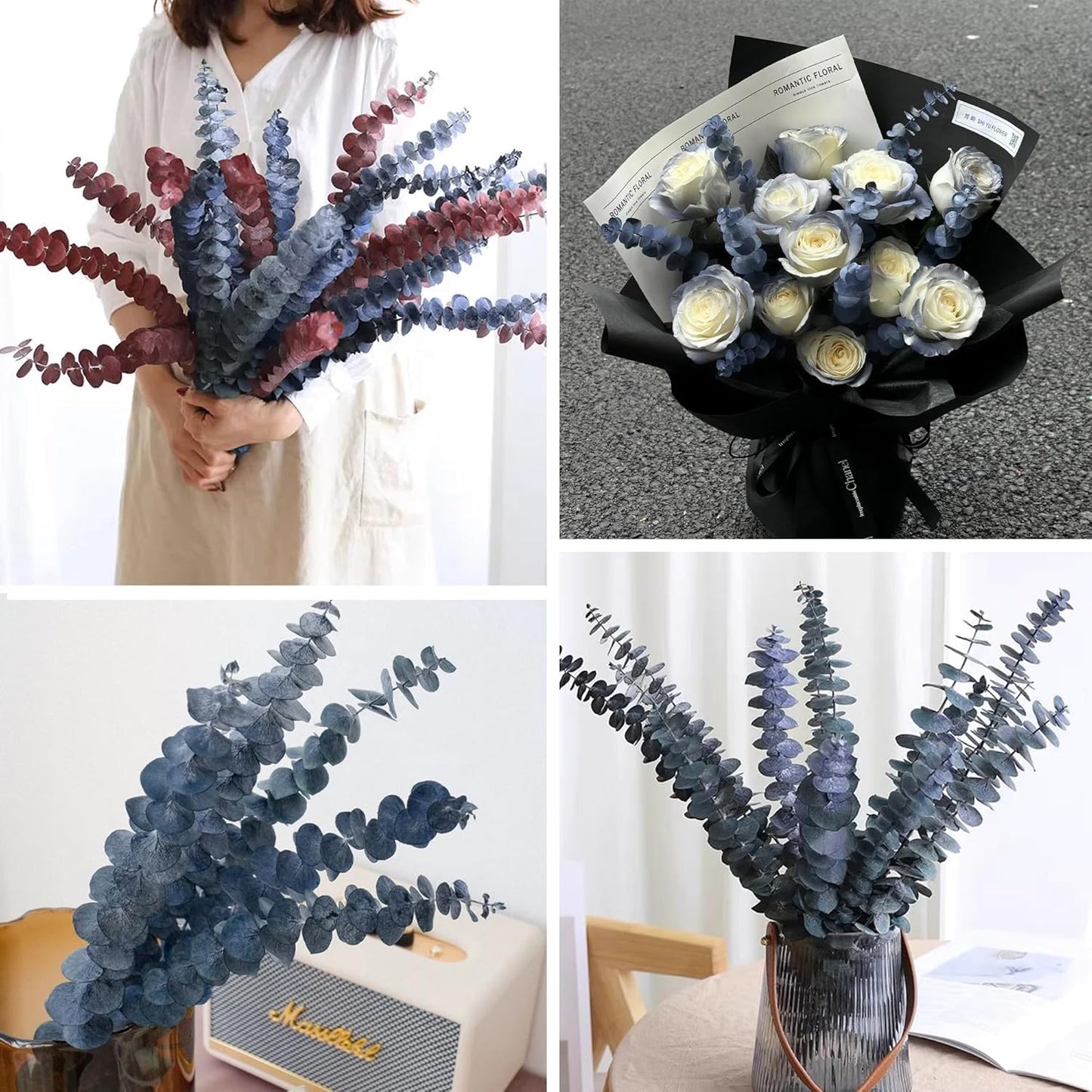 Preserved-Dried-Eucalyptus-Stems,16-17" Natural Blue-Green Eucalyptu Plant Live Fresh, Real Eucalyptus Branches Leaves for Shower Spa, Blue Dried Flowers for Vase Fillers, Home Decor & Wedding (16Pcs)