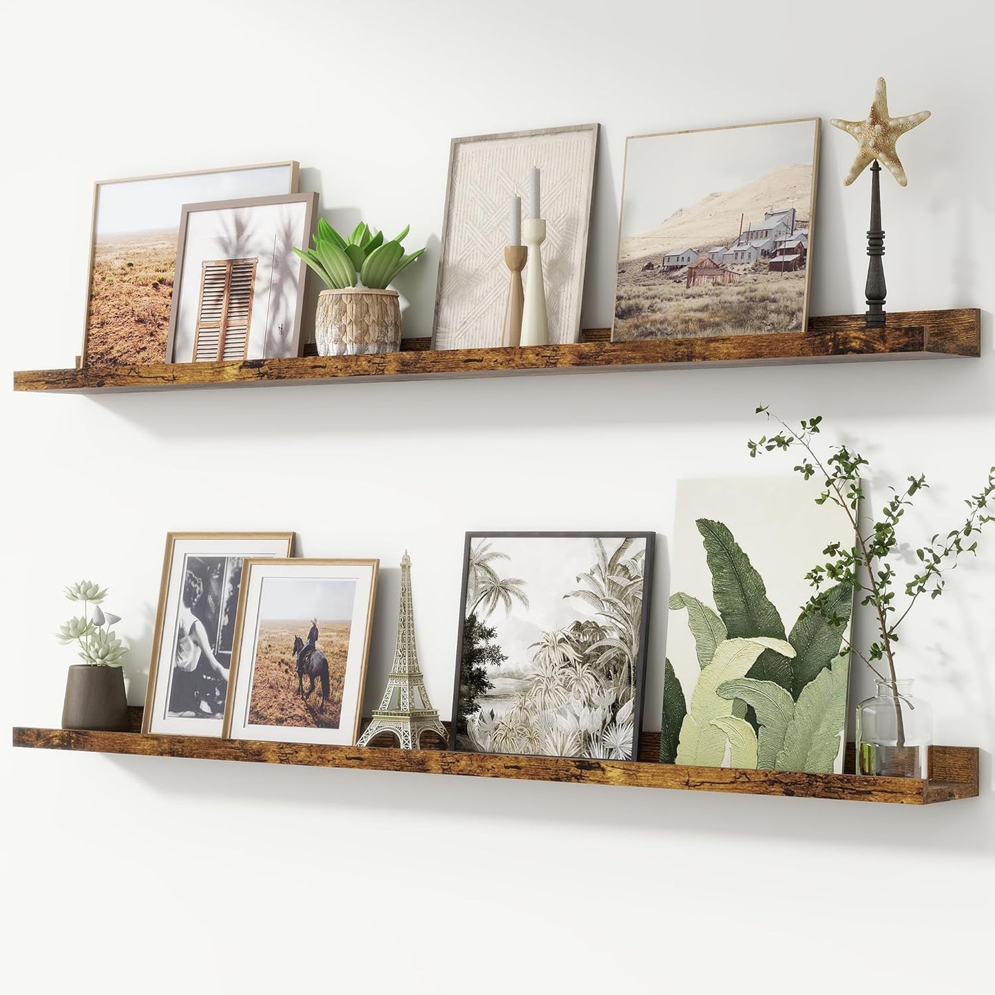 FLYJOE Picture Ledge Shelf, Floating Shelves Set of 2, 48 Inches Long Large Nursery Book Shelves for Toys Storage, Kids Bookshelf Wall Mounted for Living Room Bedroom Decor Books Photo Frames, Walnut