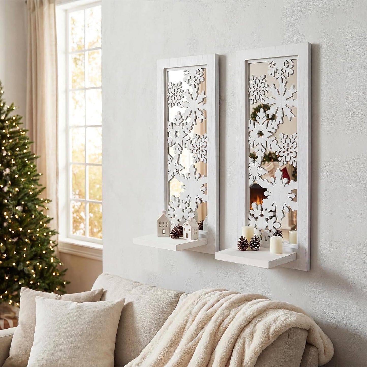 Wood Wall Sconce Candle Holder Set 2, Rustic Wall-Mount Candle Holders, Farmhouse Hanging Wall Décor, Carved Wood Frame, Mirrored Candle Holder (Distressed White)
