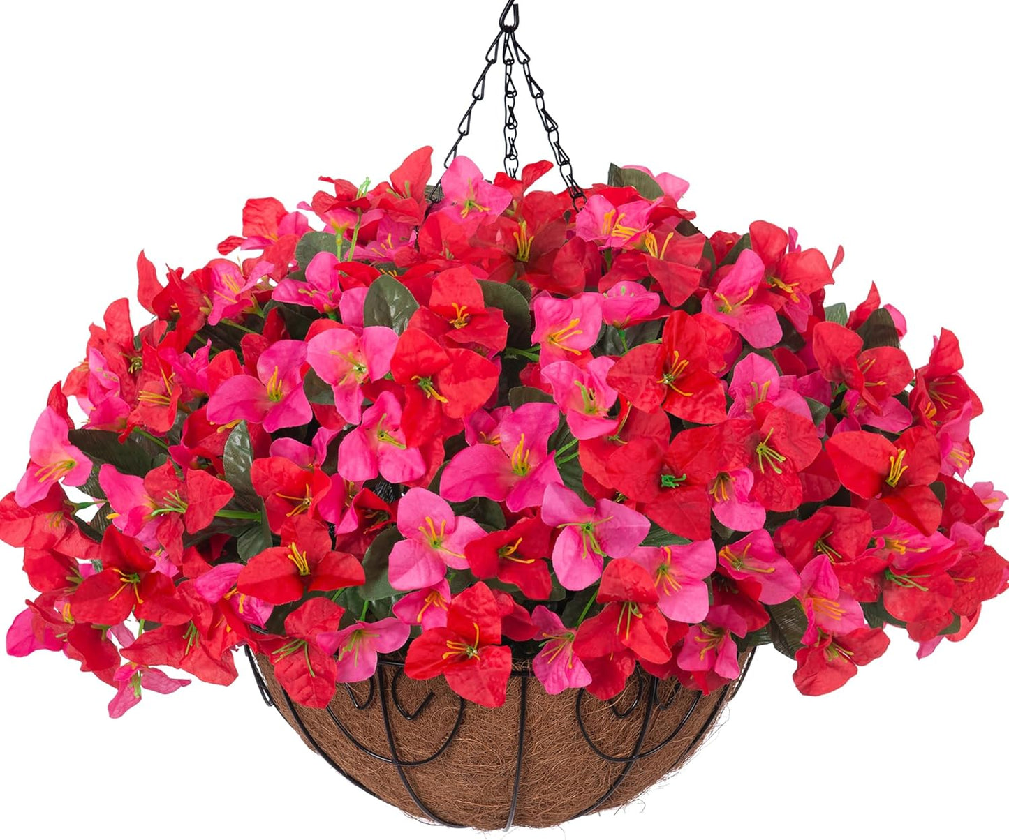 Artificial Hanging Flowers Faux Plants Basket for Outdoors Spring Summer Decor, Fake Silk Bougainvillea in Planter Outdoor Look Real UV Resistant Faux Flower for Outside Porch Patio Garden Home, White