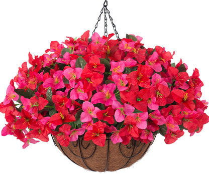 Artificial Hanging Flowers Faux Plants Basket for Outdoors Spring Summer Decor, Fake Silk Bougainvillea in Planter Outdoor Look Real UV Resistant Faux Flower for Outside Porch Patio Garden Home, White