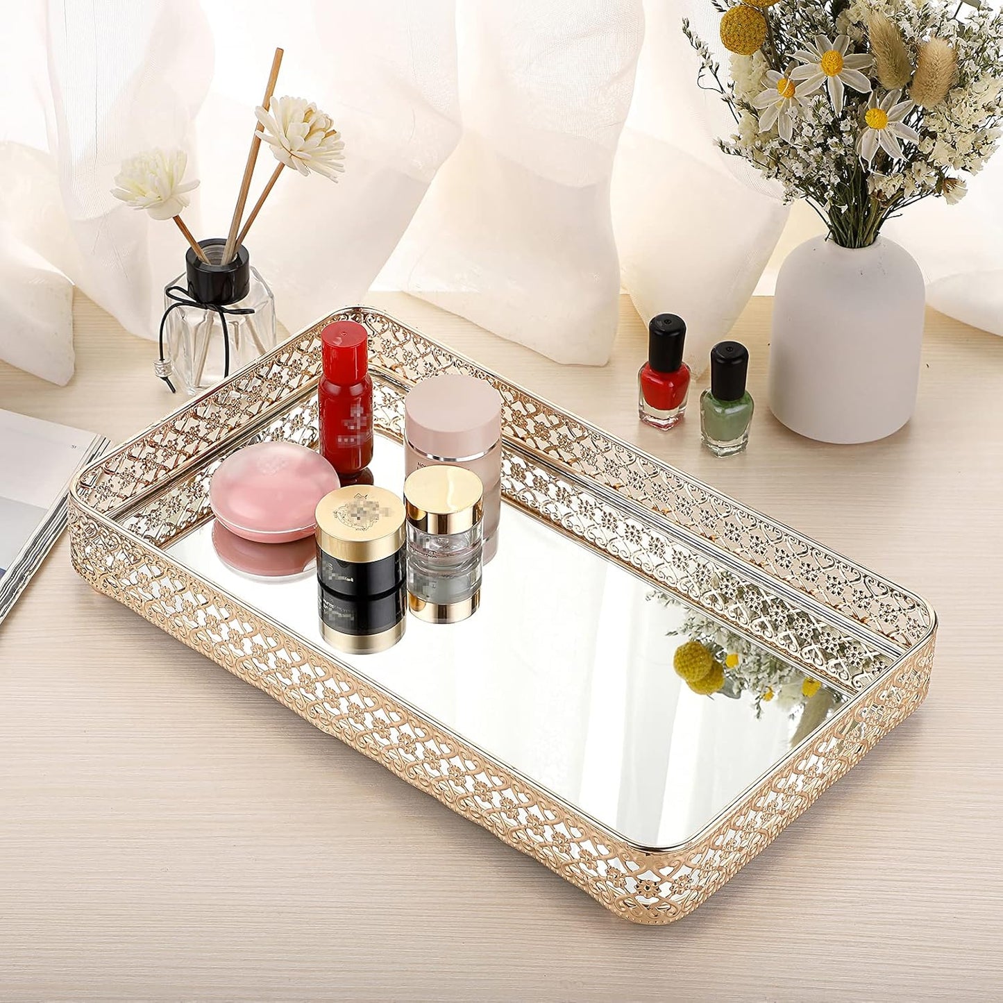ELLDOO Perfume & Makeup Vanity Tray - Hollow-Carved Jewelry Storage, Glass & Metal Trinket Organizer for Dresser & Bathroom Countertop, Gold, Medium Size