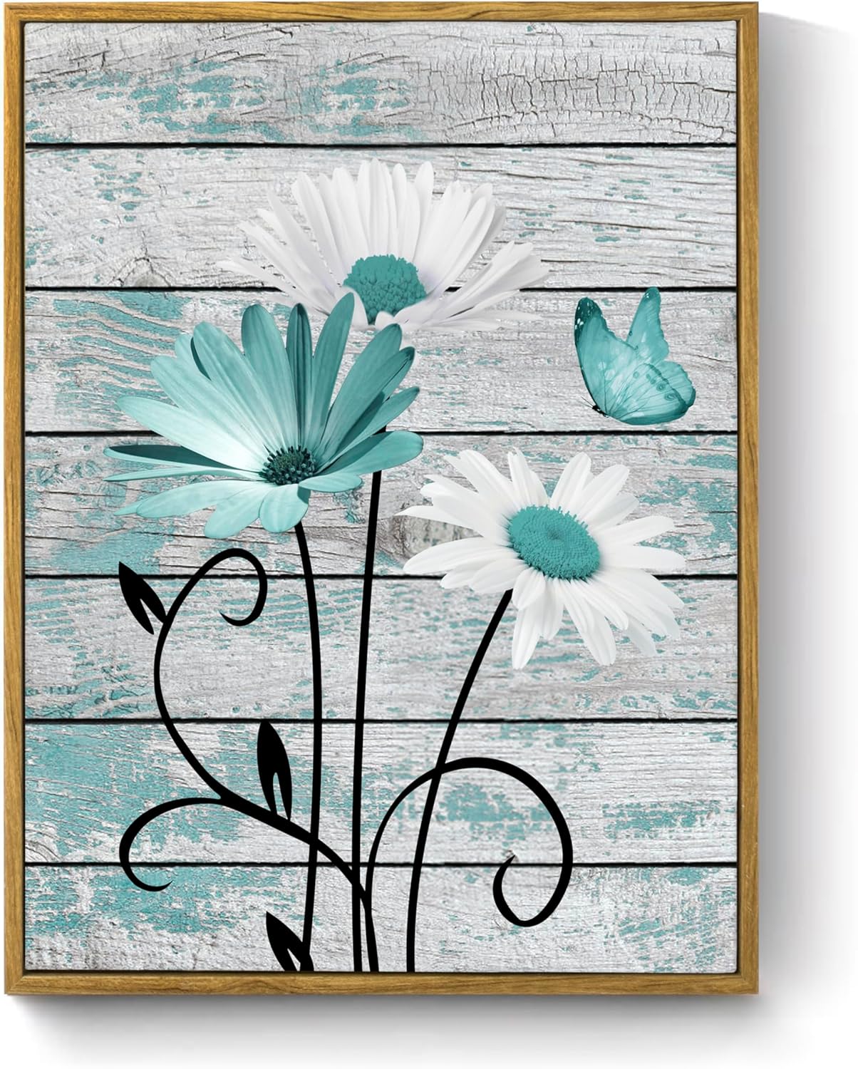 HVEST Farmhouse Floral Wall Art for Living Room, Blue and White Daisy Flower and Butterfly on Rustic Wood Board Canvas Wall Art Framed Artwork Ready to Hang for Bathroom Bedroom Decor, 16L X 12W