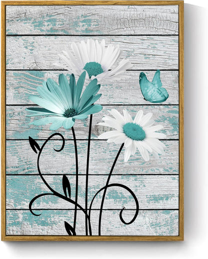 HVEST Farmhouse Floral Wall Art for Living Room, Blue and White Daisy Flower and Butterfly on Rustic Wood Board Canvas Wall Art Framed Artwork Ready to Hang for Bathroom Bedroom Decor, 16L X 12W
