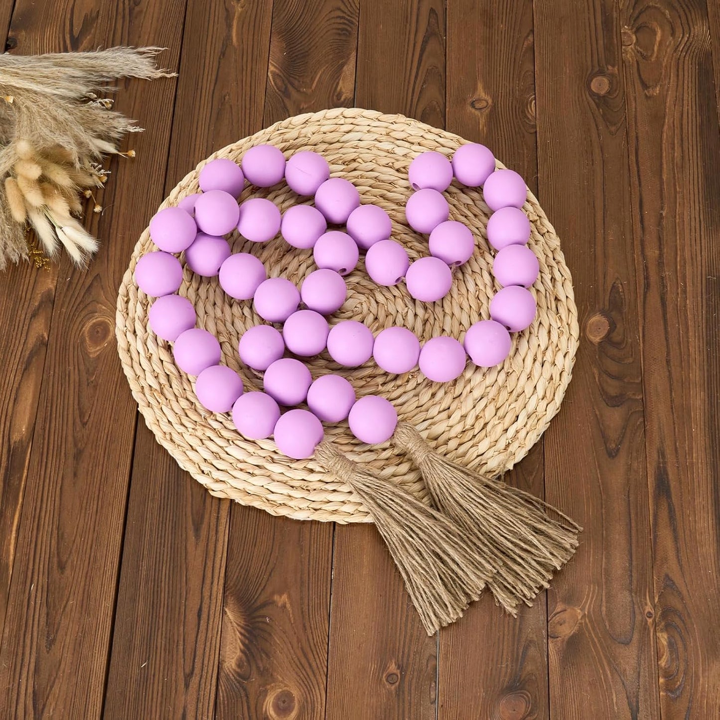 OMISHE Extra Large Wood Bead Garland with 1.6" Diameter Wooden Beads and Tassels, 41" Long Rustic Farmhouse Country Decorative Beads for Home Tiered Tray Decor, Natural Beige