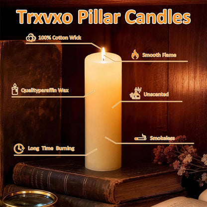 18 Pcs Ivory Pillar Candles Bulk Set，3 Different Lengths 2 x 3/4/6 Inch (6 Each)，Hurricane Candles，Dripless Unscented Smokeless，Gives You a Better Atmosphere When Organizing an Event Party.