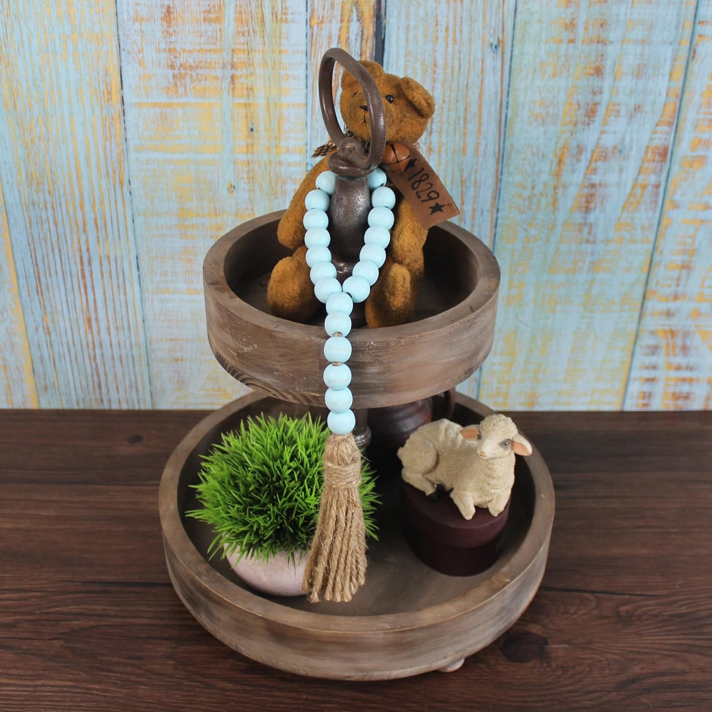 CVHOMEDECO. Wood Beads Garland with Tassels 3 PCS Farmhouse Rustic Wooden Prayer Bead String Wall Hanging Accent for Home Festival Decor. Natural