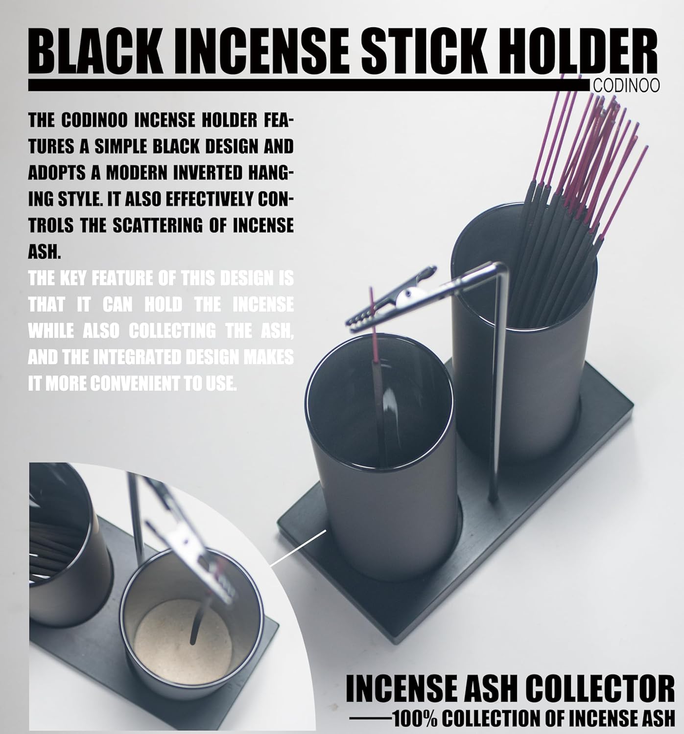 2 in 1 Incense Burner Holder for Sticks,Glass Incense Holder with Storage,Upside Down Incense Holder for Sticks with Glass Ash Catcher for Meditation Yoga Spa Room Home Decor[Full Black]