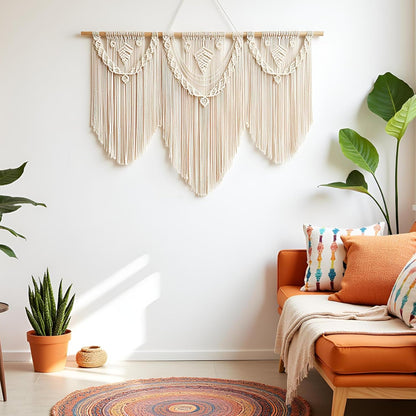 guzhiou large macrame wall hanging - Boho Tapestry Macrame Wall Decor Art- Chic Bohemian Handmade Woven Tapestry Home Decoration for Bedroom Living Room Apartment Wedding Party - 43"x32" (Wood bead)