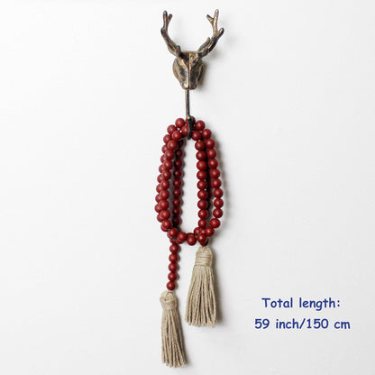 CVHOMEDECO. Wood Beads Garland with Tassels Farmhouse Rustic Wooden Prayer Bead String Wall Hanging Accent for Home Festival Decor. Mix Distressed