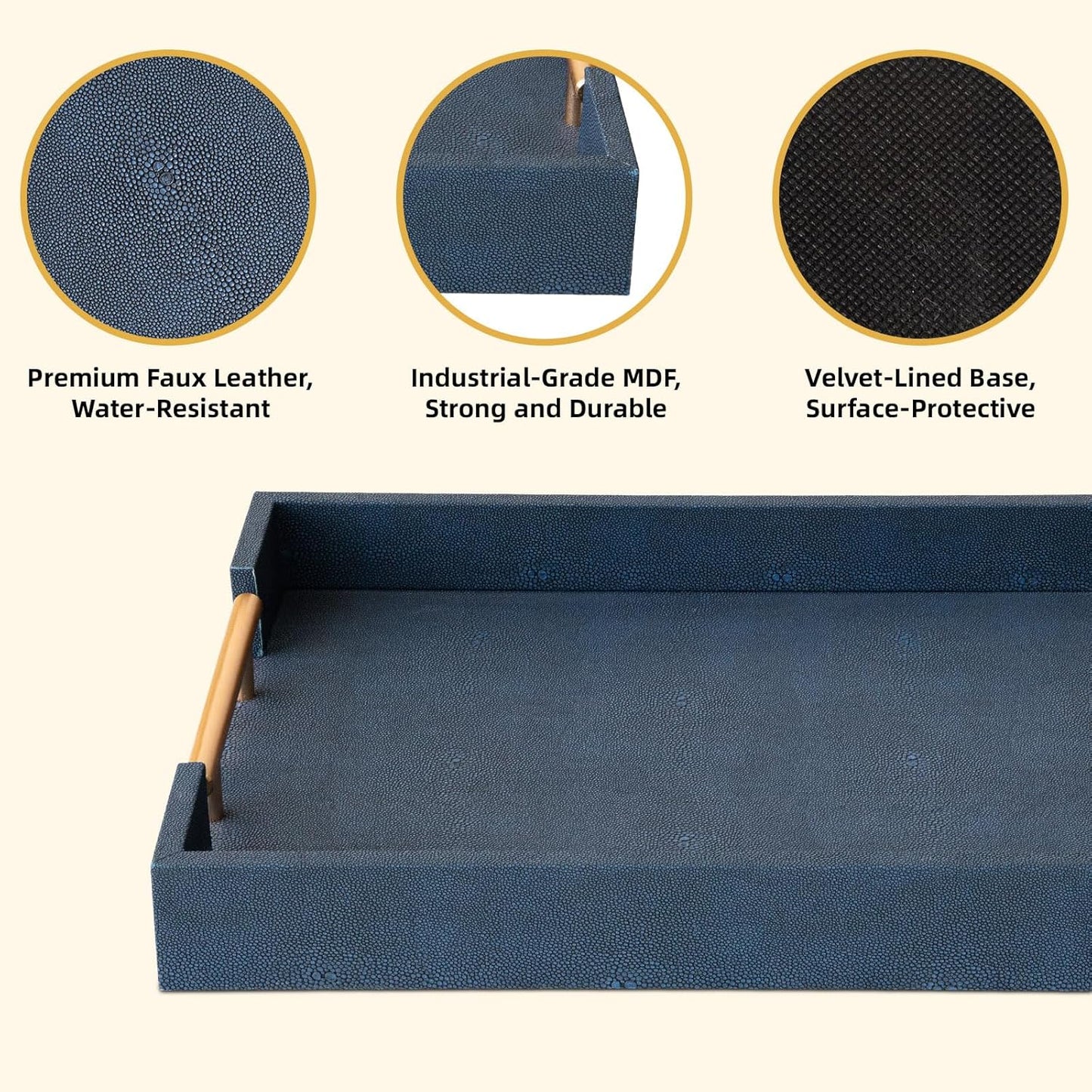 Modern Decorative Tray Set of 2 Ivory Shagreen Leather and Wood Serving Tray with Gold Polished Metal Handles for Ottoman, Coffee Table, Bathroom and More