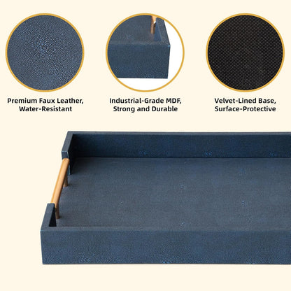 Modern Decorative Tray Set of 2 Ivory Shagreen Leather and Wood Serving Tray with Gold Polished Metal Handles for Ottoman, Coffee Table, Bathroom and More