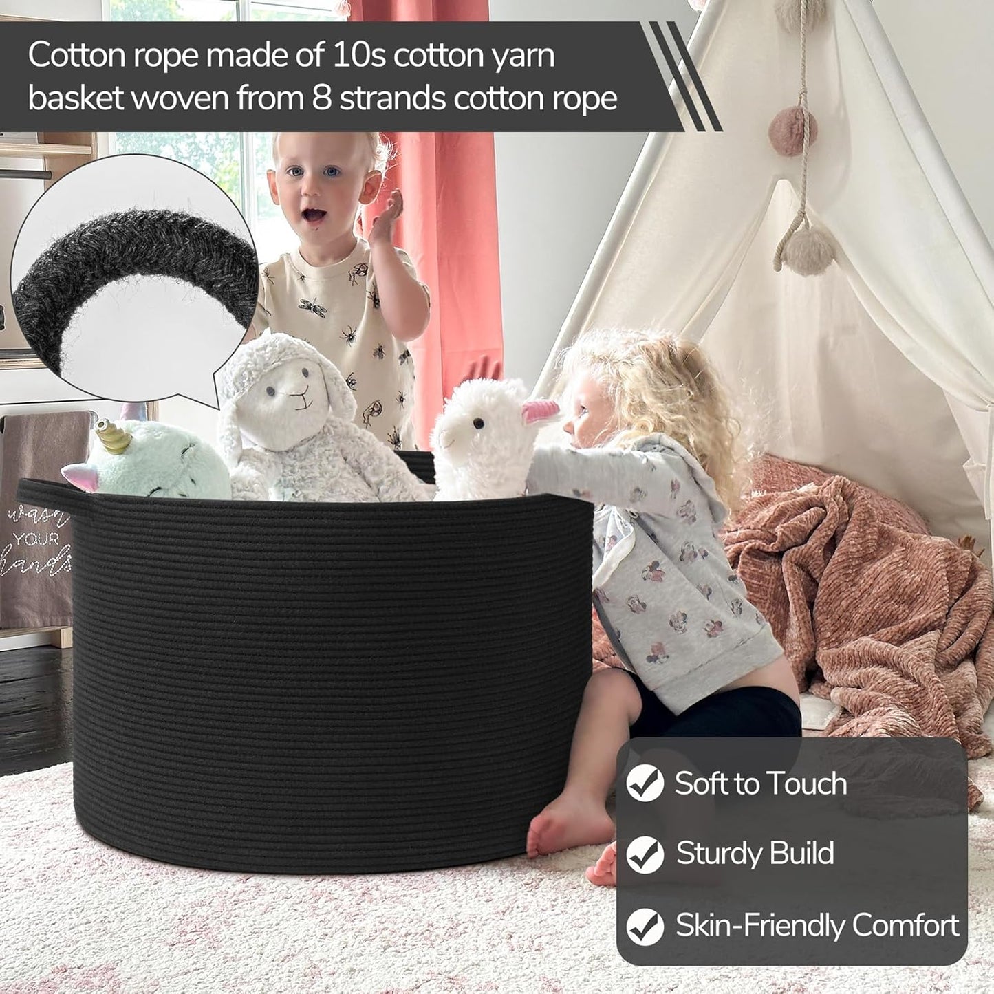 INDRESSME XXXLarge Blanket Basket for Living Room 21.7" x 21.7" x 13.8"-Storage Basket with Handle for Organizing Toy Pillows Woven Cotton Rope Laundry Basket Stuffed Animal Toy Storage for Play Room