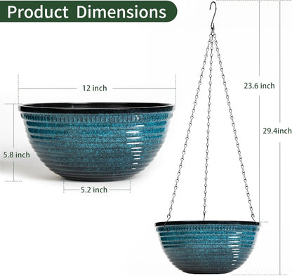 Vanslogreen 2 Pack Hanging Planters for Indoor Outdoor Plants, 10 Inch Hanging Planter with Drainage Hole & Plug Glazed Hanging Baskets Flower Pots for Garden Home (Blue)