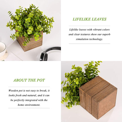Vlorart Small Fake Plants, 2Pack Mini Potted Artificial Plastic Boxwood Fern Green Decorative Plant in Wooden Potted, Fake Desk Plant for Farmhouse Home Decor Office Bathroom Desk Room Indoor Outdoor