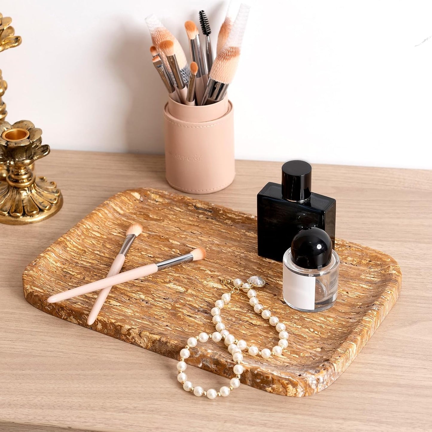 Marble Vanity Tray for Dresser Organizer, Travertine Bathroom Tray Countertop, Beige Decorative Serving Trays, Kitchen Sink Storage, Jewelry & Perfume Holder(Travertino Romano)