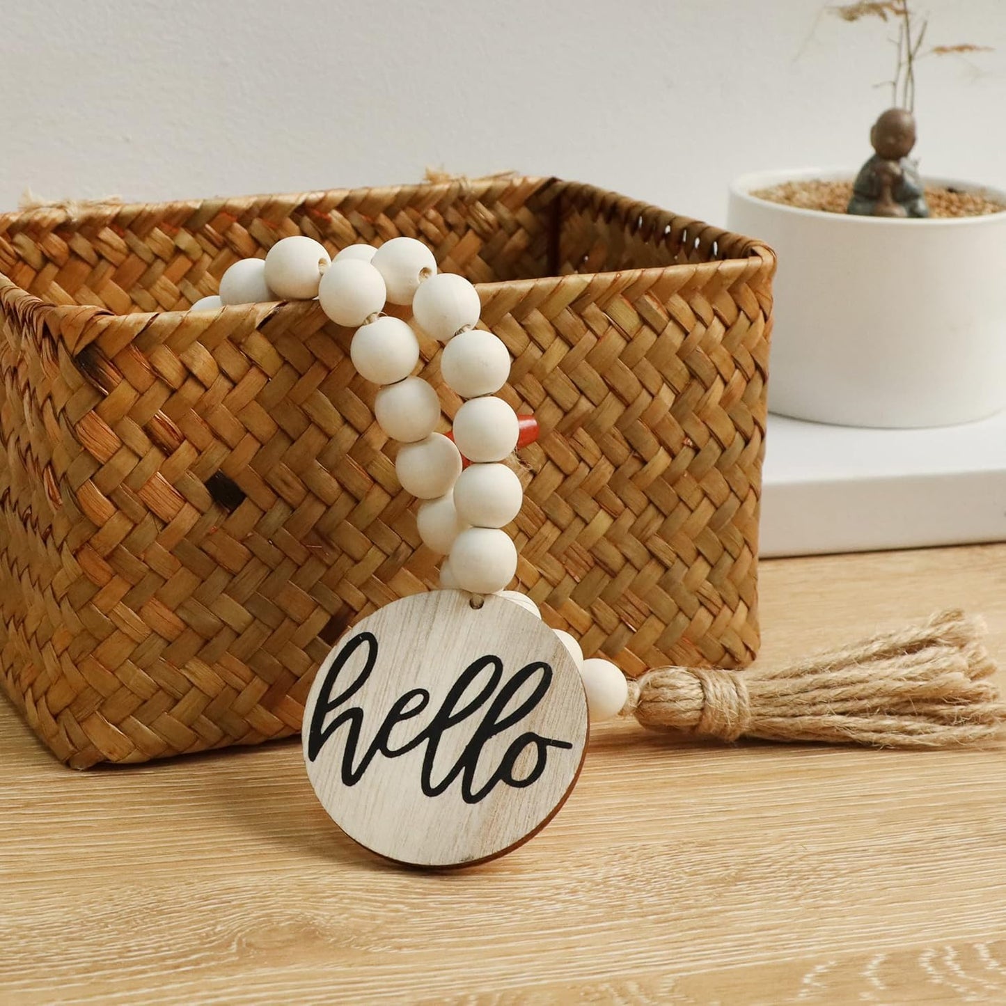 Meplait Love Wooden Bead Garland with Tassel, Decorative Beads Home Decor Farmhouse Tassel Garland Boho Decor for Tiered Tray（38in）