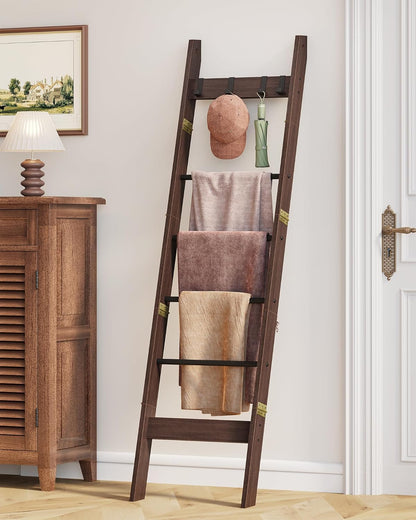 Hzuaneri Blanket Ladder for Living Room, Decorative Quilt Rack with 4 Removable Hooks, 5-Tier Farmhouse Ladder Holder Shelf Organizer for Bedroom, Rustic Brown and Black 02101BBR