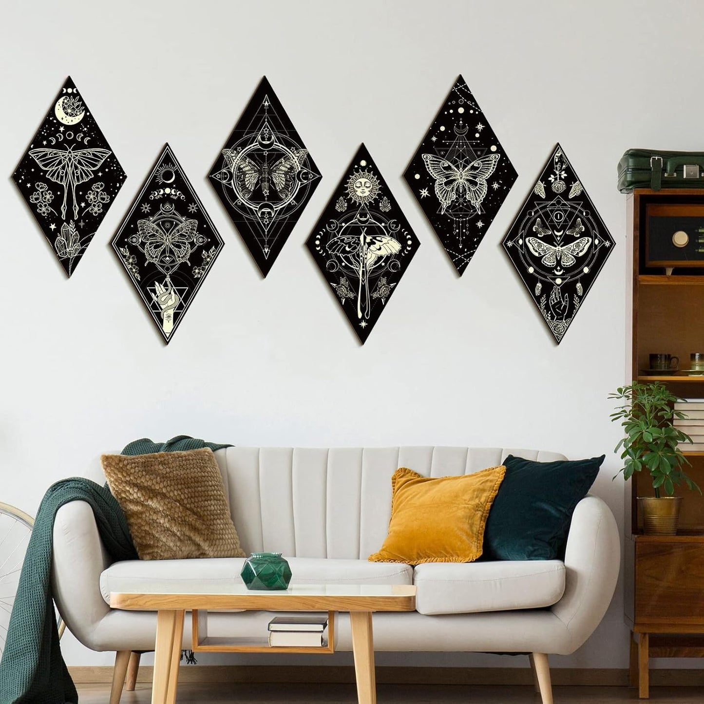 Sintuff 6 Pieces Gothic Wall Decor Boho Sun Moon Phases Wall Art Gothic Minimalist Stars Sun Hanging Wooden Home Decor Farmhouse Pediments for Gallery Living Bedroom Room(Mushroom)