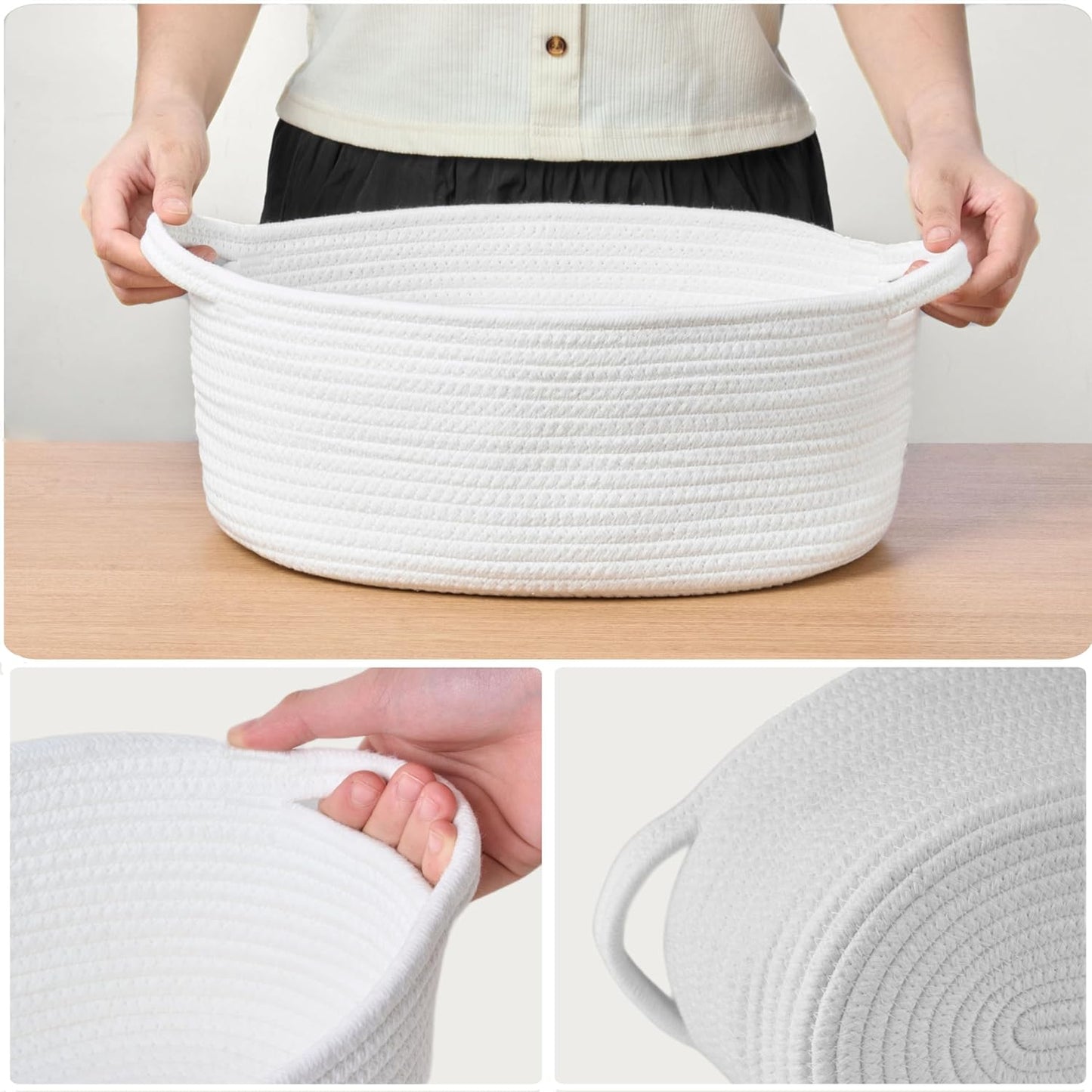Small Woven Gift Basket Empty with Bag & Ribbon - Gifts for Mom, Baby Shower, Birthdays & Raffle - Cotton Rope Storage Basket for Dog Toys or Shelf - 12"x8"x5", White