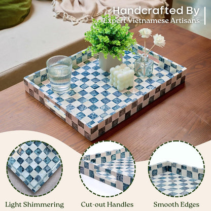 CHI AN HOME 15.8" x 11.8" Decorative Rectangular Tray with Natural Capiz Shells, Checkered Tray with Handles, Serving Tray for Ottoman, Coffee Table, Kitchen Counter Home Decor (Pistachio Green)