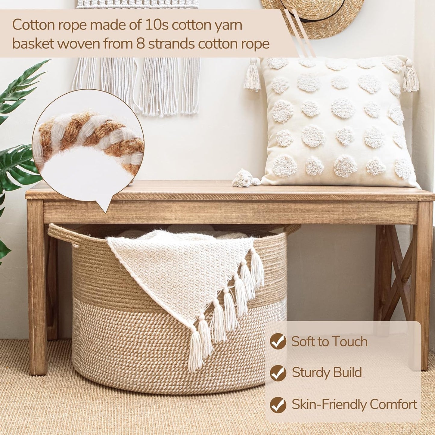 INDRESSME XXXLarge Blanket Basket for Living Room 21.7" x 21.7" x 13.8"-Storage Basket with Handle for Organizing Toy Pillows Woven Cotton Rope Laundry Basket Stuffed Animal Toy Storage for Play Room