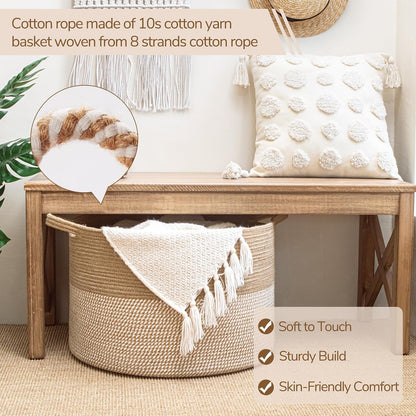 INDRESSME XXXLarge Blanket Basket for Living Room 21.7" x 21.7" x 13.8"-Storage Basket with Handle for Organizing Toy Pillows Woven Cotton Rope Laundry Basket Stuffed Animal Toy Storage for Play Room