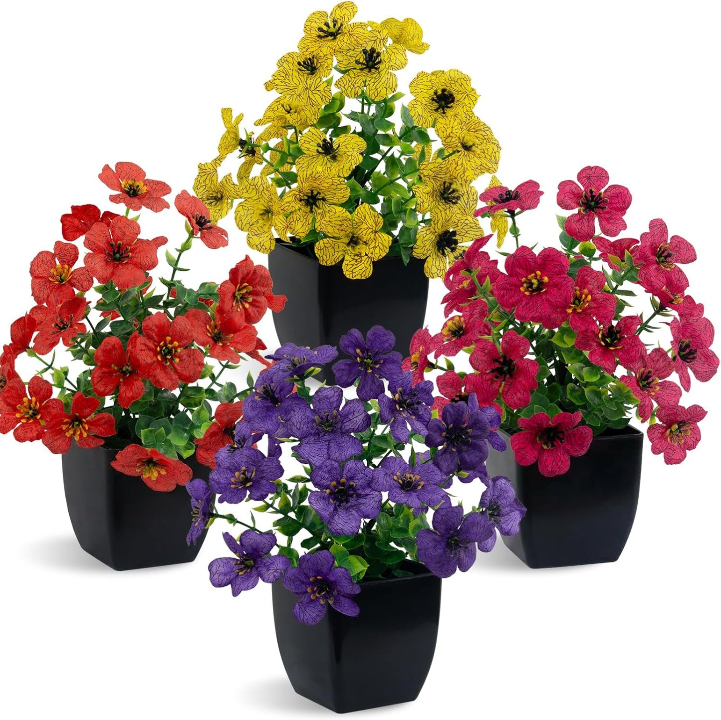LOYWREE 4 Pack Small Artificial Mums Flowers in White Pots, Fake Mini Potted Plants, Spring Floral Decor for Home Bathroom Shelves Office Desk Table Centerpiece Indoor Decoration