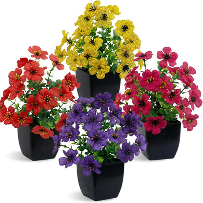 LOYWREE 4 Pack Small Artificial Mums Flowers in White Pots, Fake Mini Potted Plants, Spring Floral Decor for Home Bathroom Shelves Office Desk Table Centerpiece Indoor Decoration