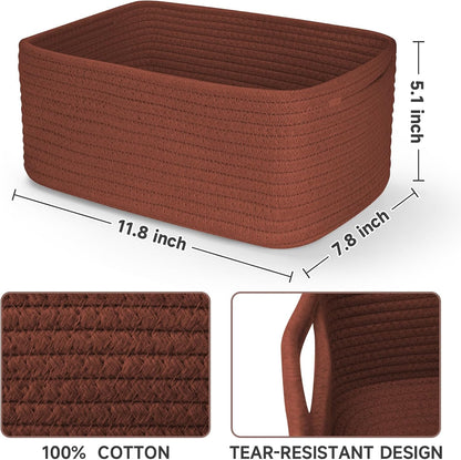 3-Pack Small Storage Baskets for Organizing | Woven Shelf Toy Basket | Rope Baskets for Gifts Empty | Closet Organizer Bins with Handles | Cube Decorative Box | 11.8×7.8×5.1” | Mixed brown