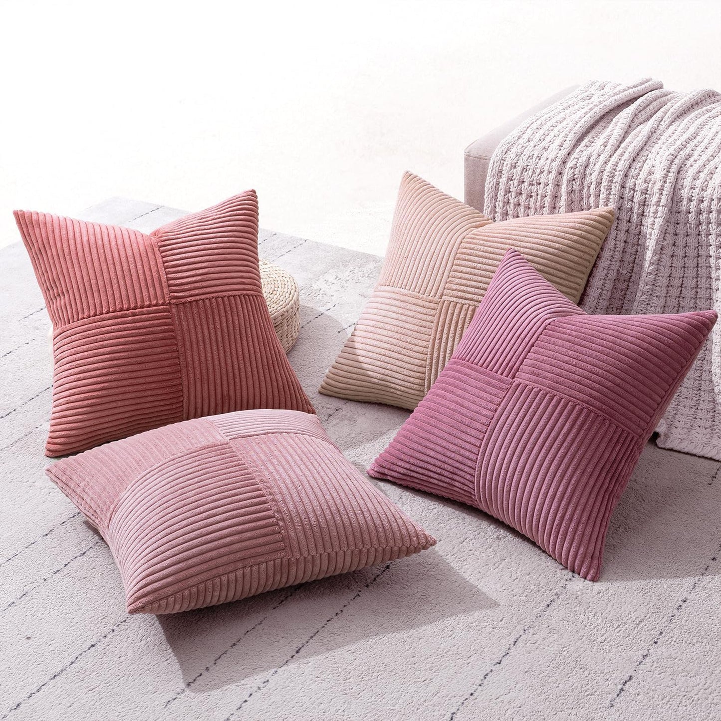 MIULEE Teal Orange Decorative Throw Pillow Covers 18x18 Inch Set of 4 Boho Corduroy Striped Cushion Cases Modern Farmhouse Patchwork Pillow Cases for Couch Sofa Bedroom Home Decor