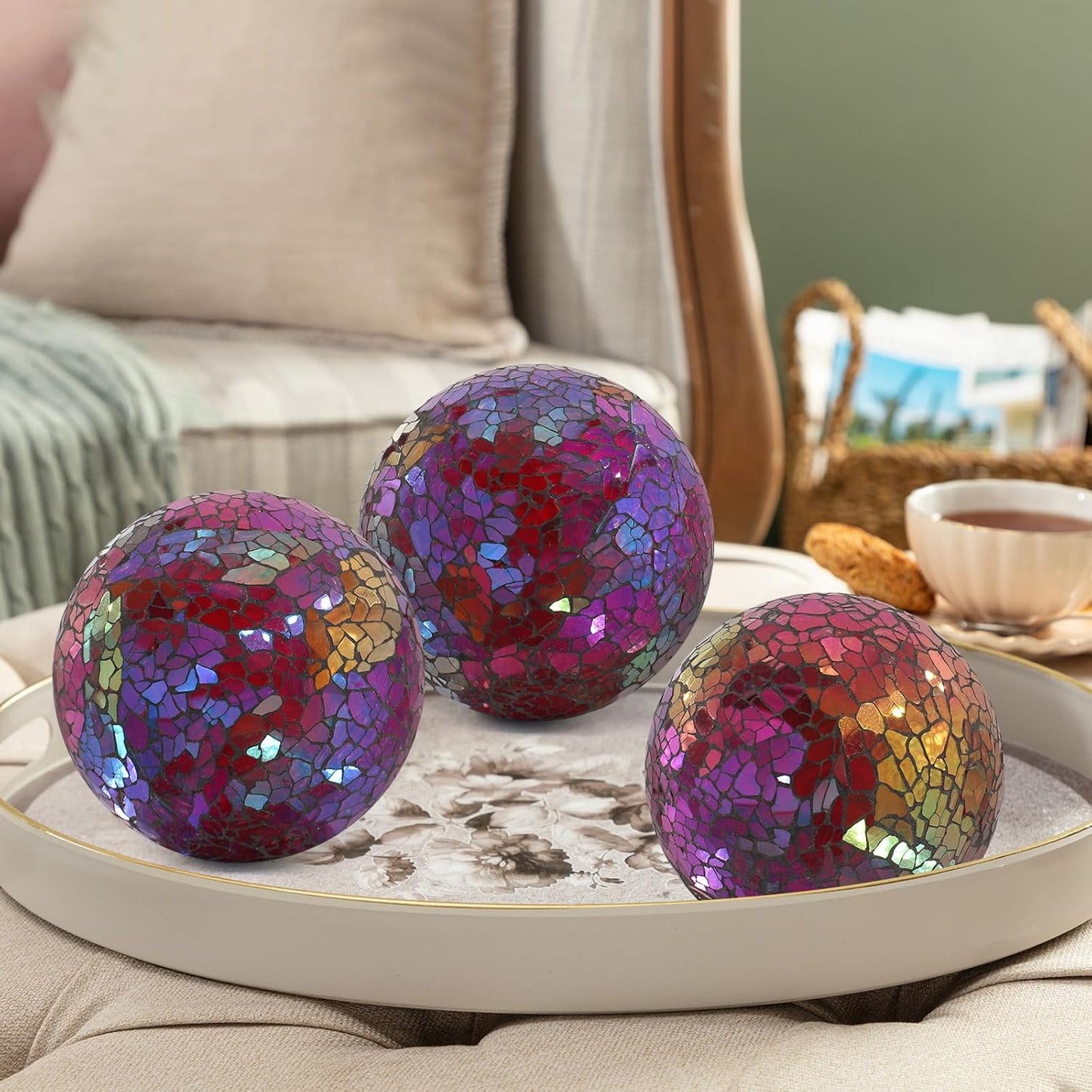 3Pcs Mosaic Glass Orbs Decorative Balls Set 8.5cm/3.35inch Blue Sphere Wedding Party Home Decor Table Centerpiece
