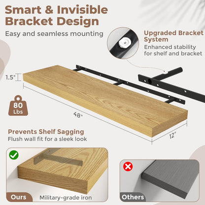 72 Inch Long Floating Shelves for Wall Set of 2, 12"D Wood Grain Bathroom Shelves with Invisible Brackets, Easy Install Engineered Wood Storage Shelves for Kitchen, Living Room, Bedroom, Black Finish