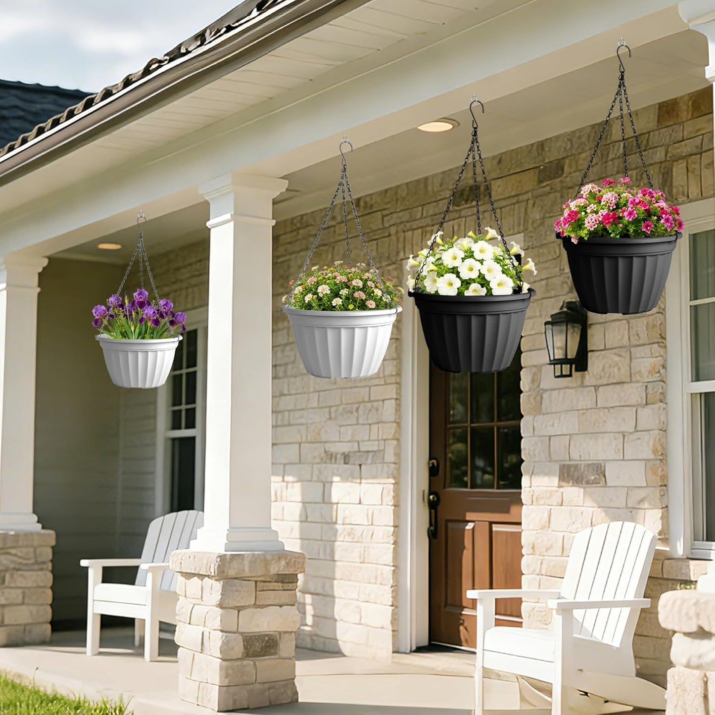 FGstyle Hanging Planters 10 Inch, 4 Pcs Self Watering Pots for Indoor Plants,Plastic Hanging Basket with Soil Elevator and 20" Chain for Home Garden Porch Balcony Patio Decor(Black)