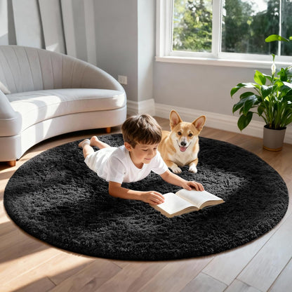 Ophanie Round Rugs 5Ft Ivory Circle Area Rug, Nursery Room Decor, Christmas Aesthetic Bedroom Home Circular Carpet 5 Foot, Fluffy Fuzzy Shag Plush Cream Living Room Rugs for Kids Boys Girls Teen Baby