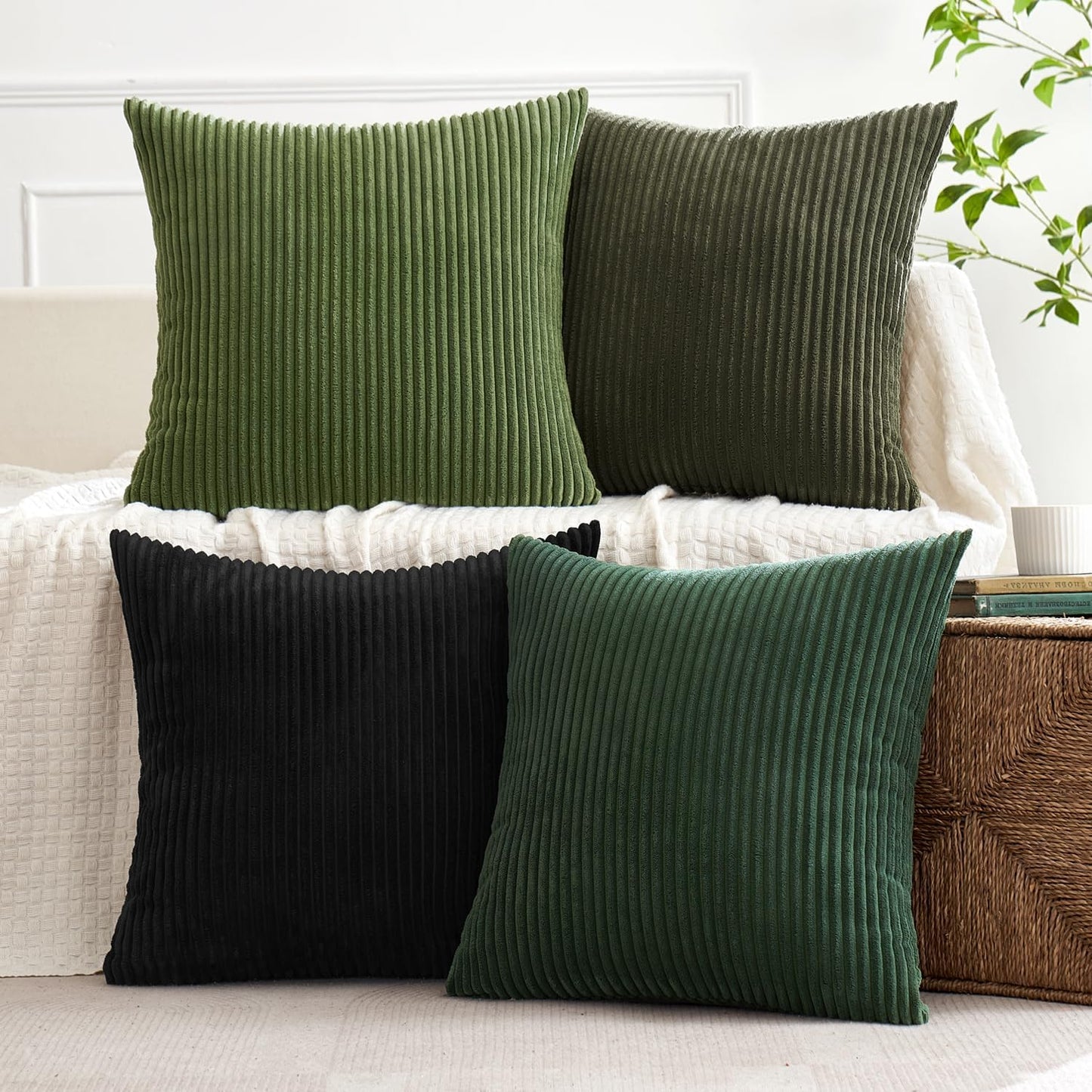 MIULEE Boho Farmhouse Sage Green Throw Pillow Covers 18x18 Inch Set of 4 Mordern Nordic Cushion Covers Soft Corduroy Spring Home Decor for Couch Bed Sofa Living Room Forest Green