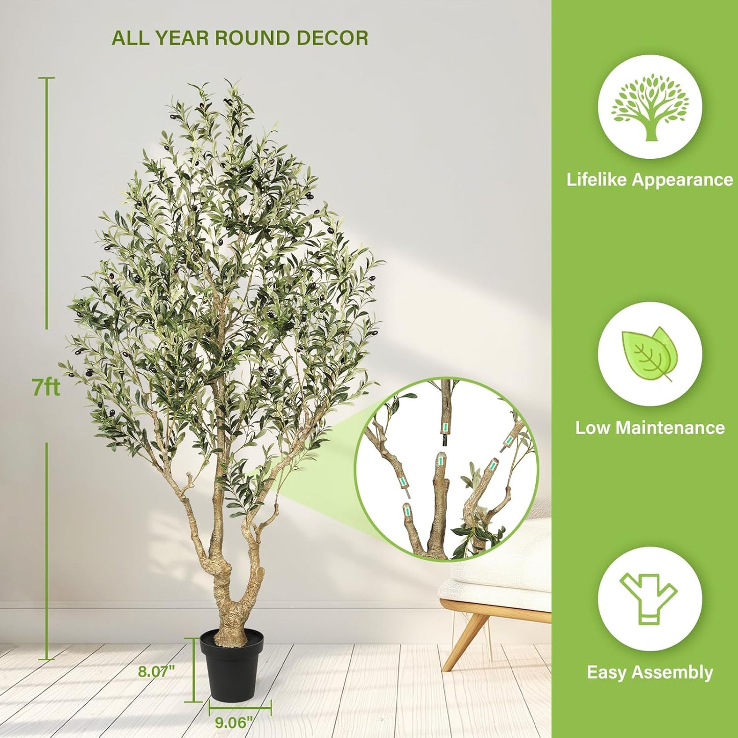 FEELEAD Olive Trees Artificial Indoor 7ft – Faux Olive Tree 7 Feet with Natural Looking Trunk, Realistic Leaves and Lifelike Fruits, Fake Olive Tree for Home Office Living Room Decor