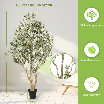 FEELEAD Olive Trees Artificial Indoor 7ft – Faux Olive Tree 7 Feet with Natural Looking Trunk, Realistic Leaves and Lifelike Fruits, Fake Olive Tree for Home Office Living Room Decor