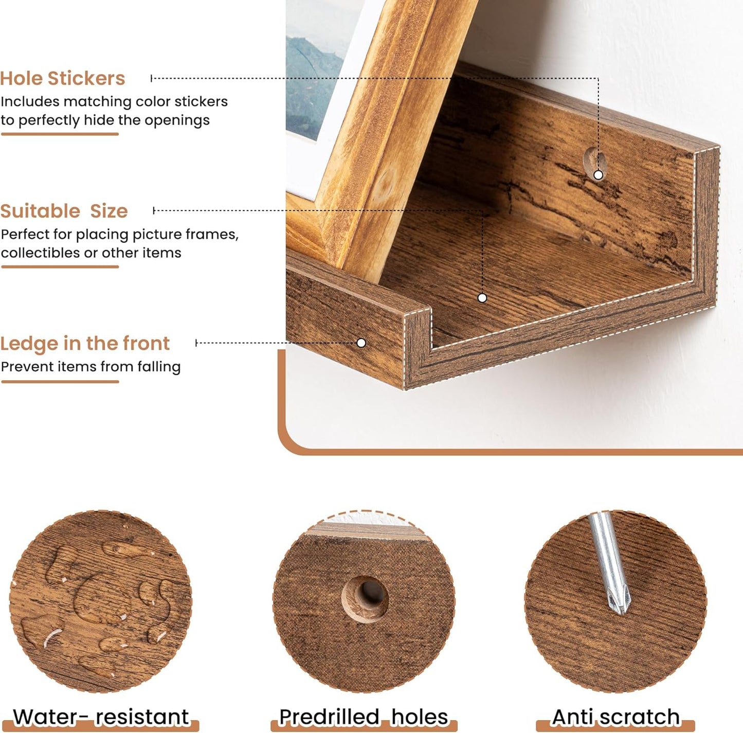 Fun Memories Picture Ledge Shelves Set of 2, 32 Inch Rustic Wall Mounted Floating Shelves with Lip for Home Storage and Décor in Bathroom, Kitchen, Nursery, Bedroom, Living Room, Walnut