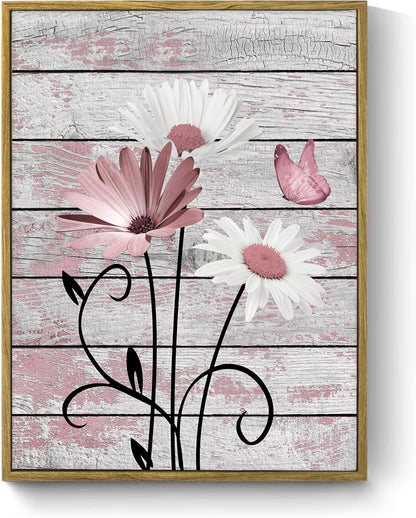 HVEST Farmhouse Floral Wall Art for Living Room, Blue and White Daisy Flower and Butterfly on Rustic Wood Board Canvas Wall Art Framed Artwork Ready to Hang for Bathroom Bedroom Decor, 16L X 12W
