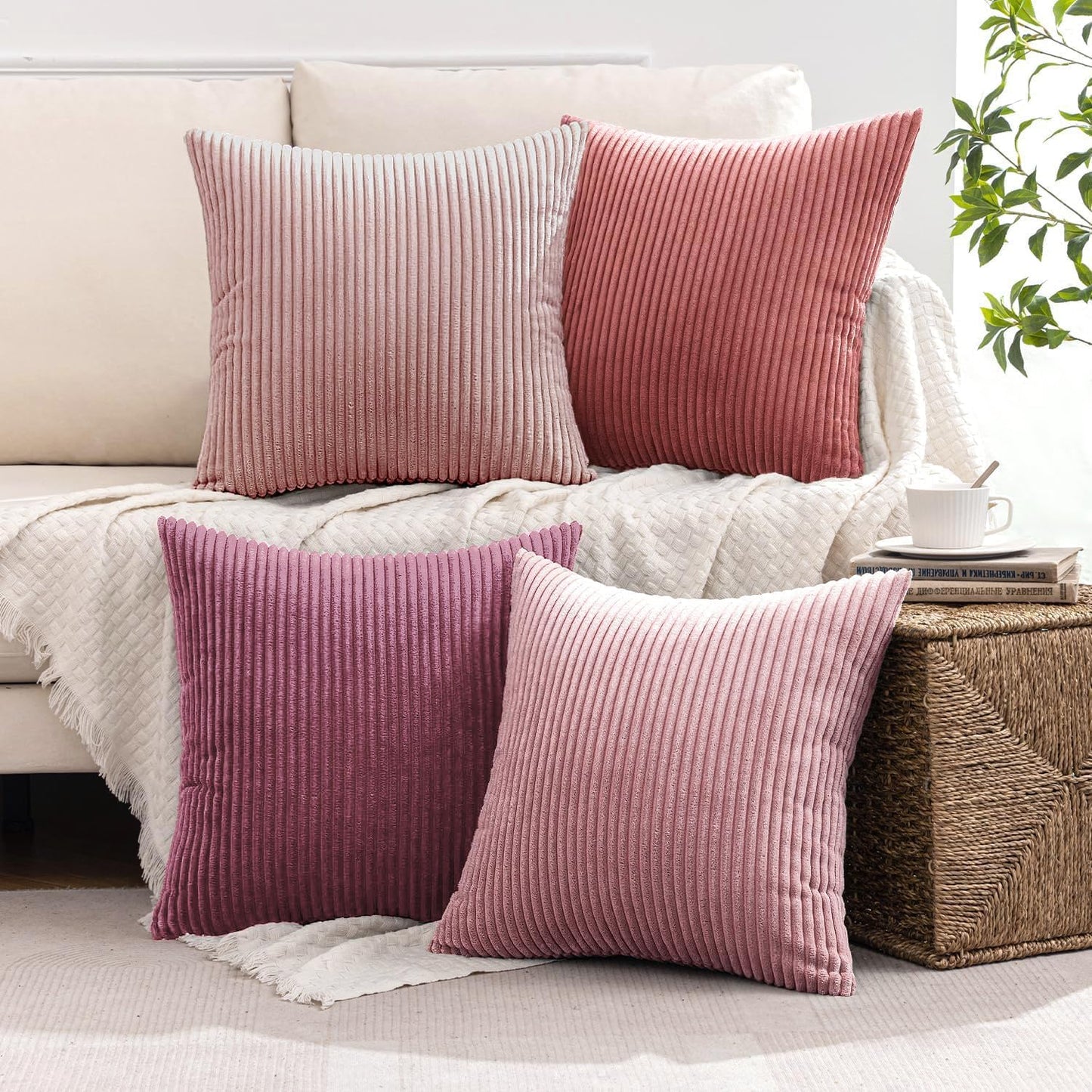 MIULEE Boho Farmhouse Sage Green Throw Pillow Covers 18x18 Inch Set of 4 Mordern Nordic Cushion Covers Soft Corduroy Spring Home Decor for Couch Bed Sofa Living Room Forest Green
