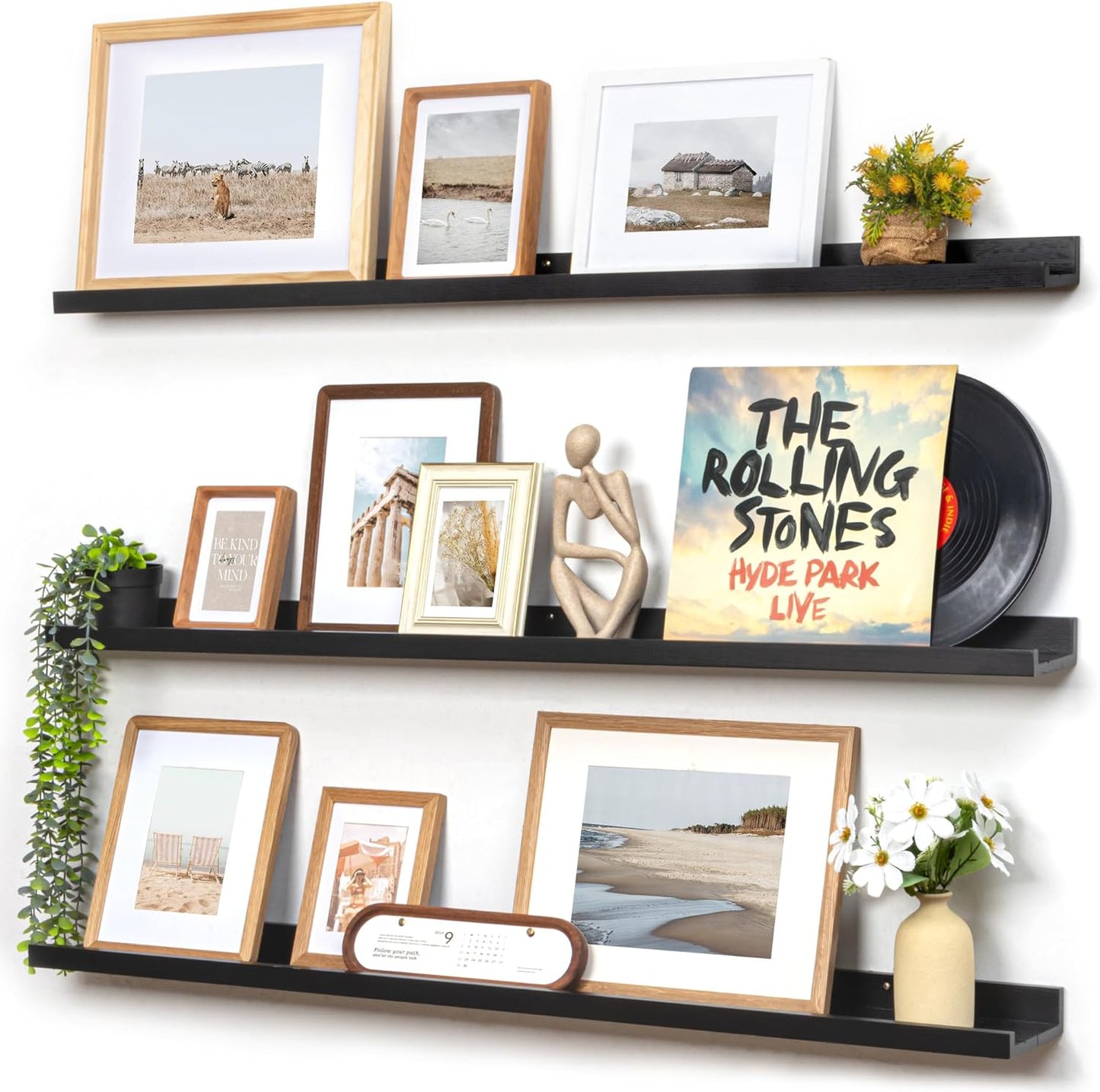 FLYJOE Picture Ledge Shelf, Floating Shelves Set of 2, Solid Pine Wood 55'' Long Large Nursery Book Shelves for Toys Storage, Kids Bookshelf for Living Room Bedroom Decor Books Photo Frames, Walnut