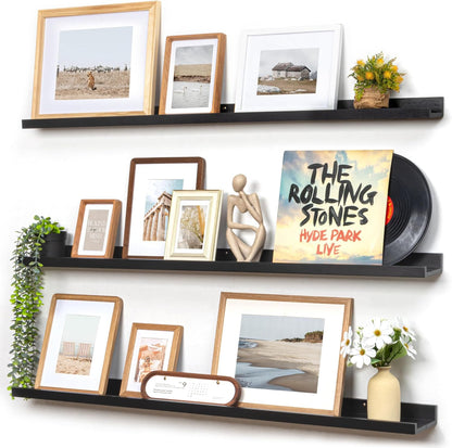 FLYJOE Picture Ledge Shelf, Floating Shelves Set of 2, Solid Pine Wood 55'' Long Large Nursery Book Shelves for Toys Storage, Kids Bookshelf for Living Room Bedroom Decor Books Photo Frames, Walnut