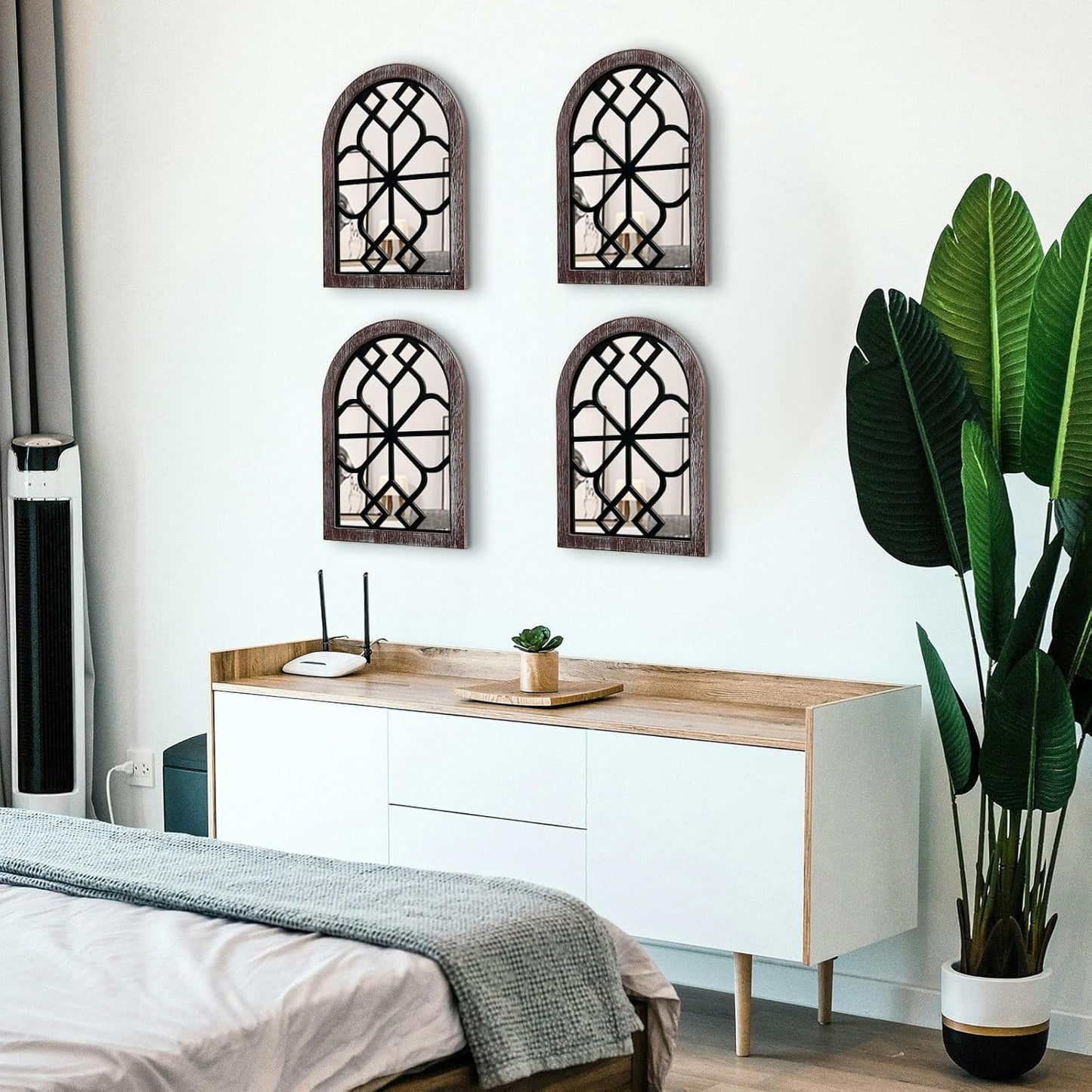 ZEXUIRU 4 Set. Rustic Wall Mirrors for Bedroom Bathroom Living Room Entryway Wood Farmhouse Square Easy to Hang Framed Decorative Accent Hanging Wall-Mounted Mirror Set for Living Room - Black