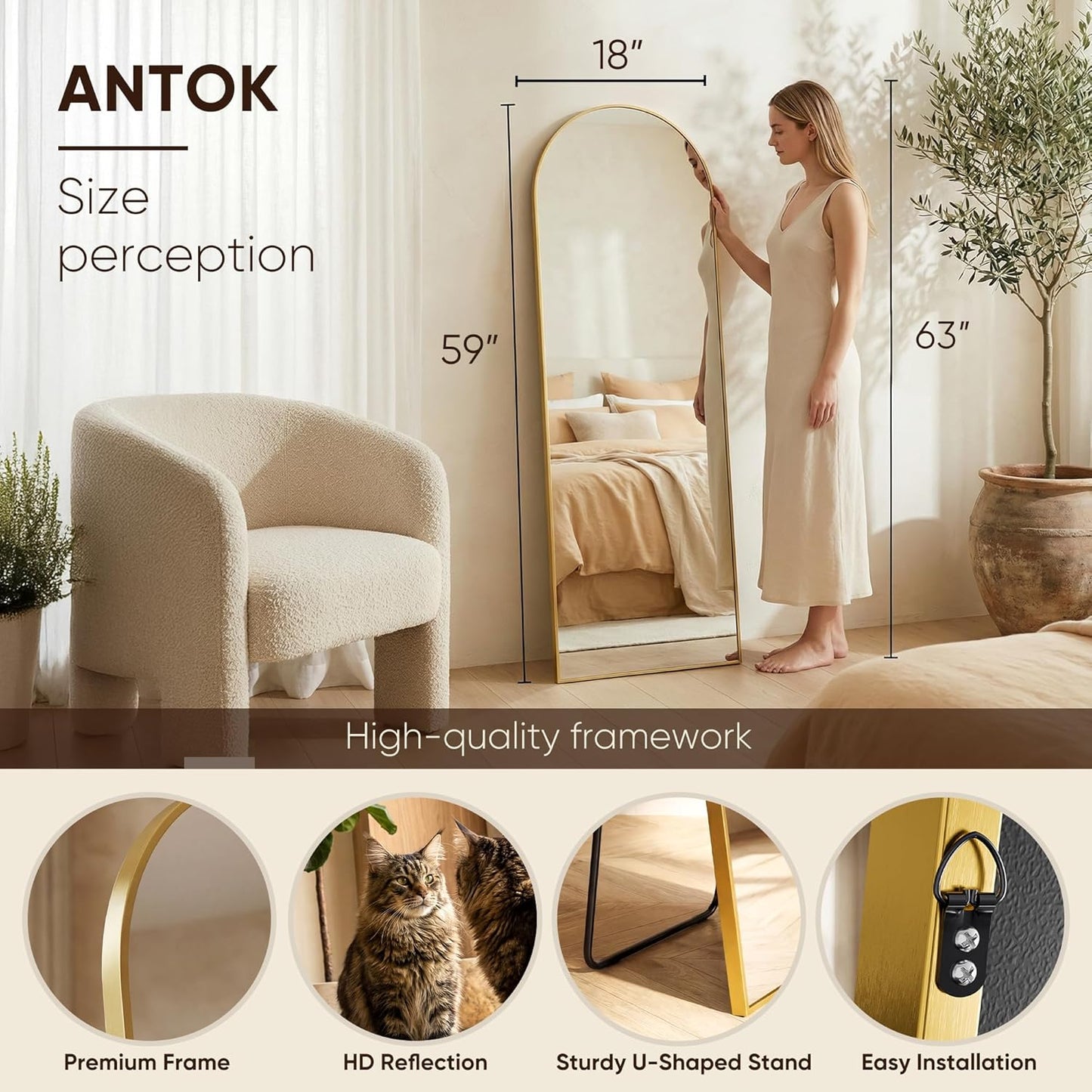 Antok 71" x28” Arched Full Length Floor Mirror, Black Aluminum Frame, Free Standing/Wall Mount/Leaning for Bedroom, Living Room, Dressing Room