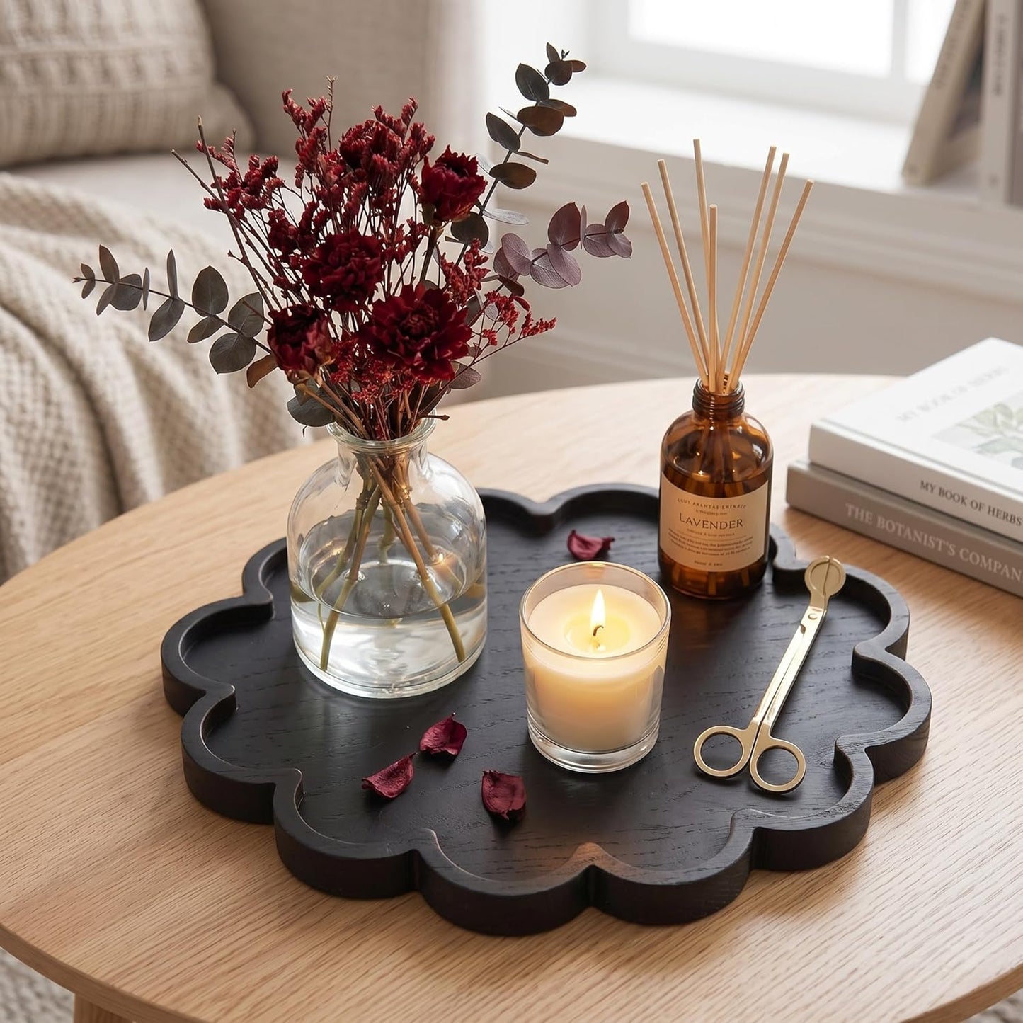 BreezeHug Brown Decorative Serving Tray Wood 12.6 Inch Scalloped Serving Tray Round Wooden Display Plate with Scalloped Borders for Coffee Table Living Room Bedroom Entryway Decoration