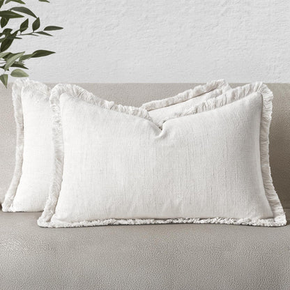 MIULEE Decorative Throw Pillow Covers Neutral Linen Fringe Throw Pillows Set of 2 Natural Beige Boho Farmhouse Cushion Covers with Tassels for Couch Sofa Bed Spring Home Decor 20x20 Inch