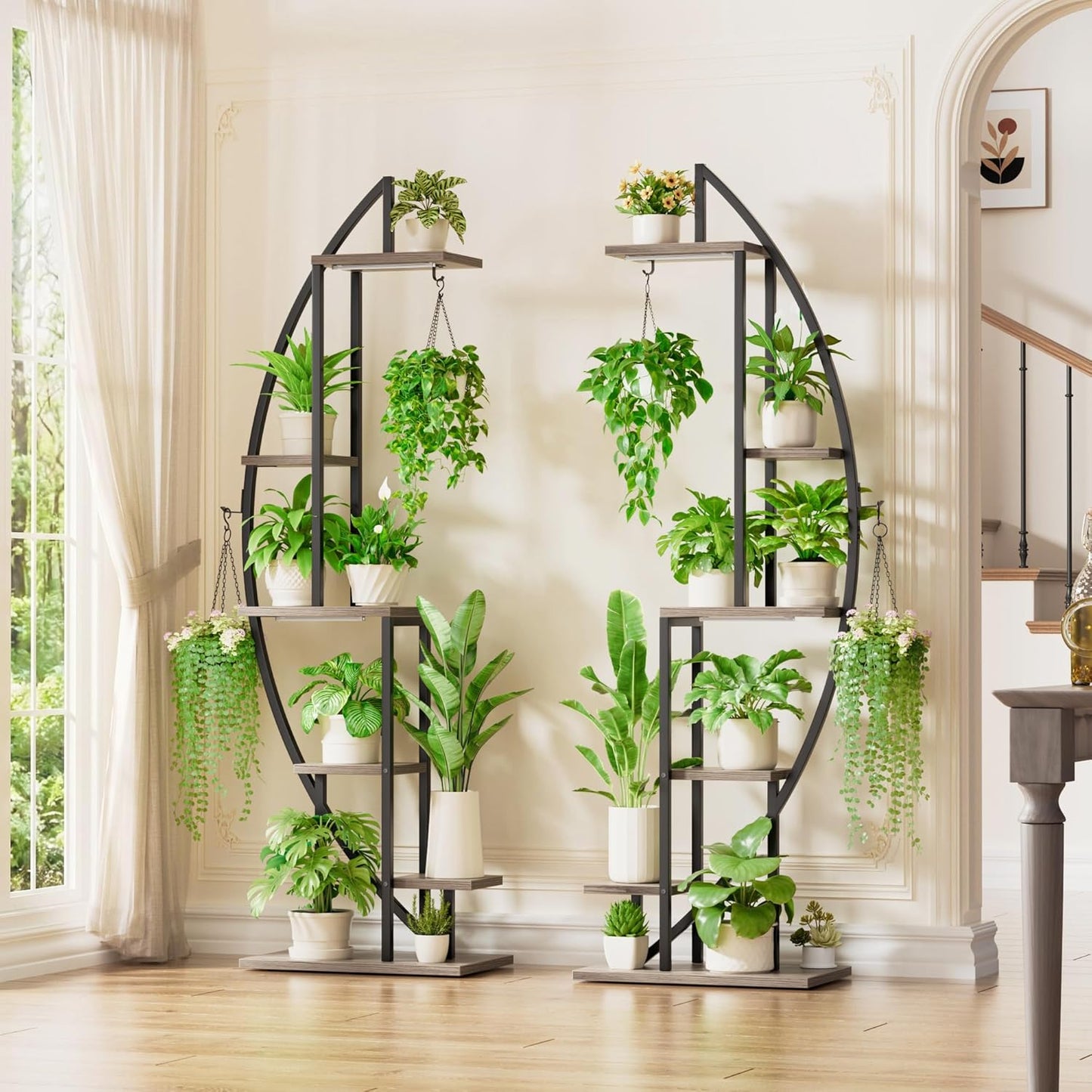 BACEKOLL Plant Stand Indoor with Grow Lights, 6 Tiered Tall Plant Shelf, 63" Metal Plant Stand for Indoor Plants Multiple, Half-Moon Plant Rack Display Shelf, 2 Pcs Plant Holder for Living Room, Patio