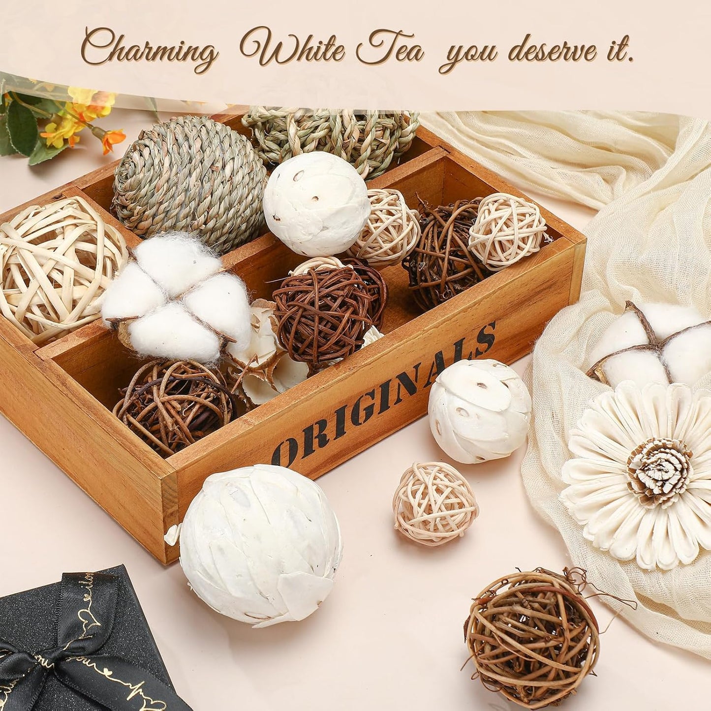 Riceshoot 2 Pack Decorative Balls Potpourri Bowl Filler Decor Natural Vase Bowl Filler Assorted Spherical Rattan Twigs Wicker Balls Cotton for Home Centerpiece(White)